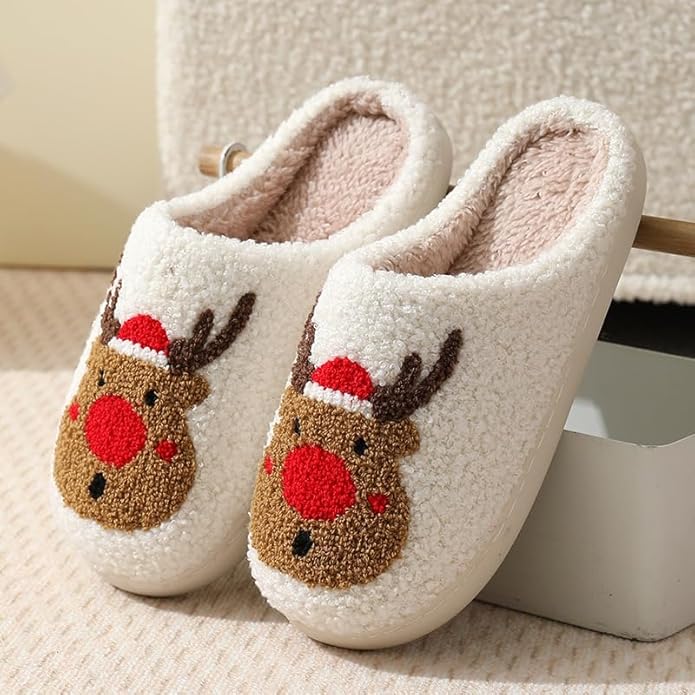 Unisex Xmas Elk Shoes Santa Reindeer Cute Strawberry Cartoon Christmas Tree Pink Bow Memory Foam Soft Plush House Slippers Indoor/Outdoor