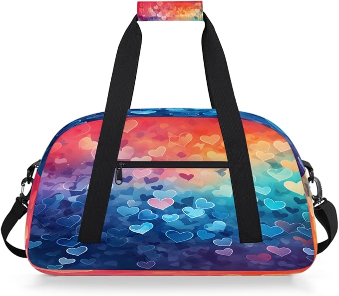 Duffle Bag for Women Men, Rainbow Gradient Hearts Gym Bag for Travel Sports, Lightweight Waterproof Weekender Overnight Bags with Adjustable Strap