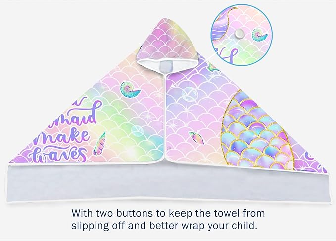 Bonsai Tree Mermaid Beach Towel, Mermaid Tail Towel for Girls with Hood, Kids Bath Hooded Poncho 30" x 50", Pink Scales Microfiber Absorbent Soft Bath Poncho Bathrobe for Swin Pool