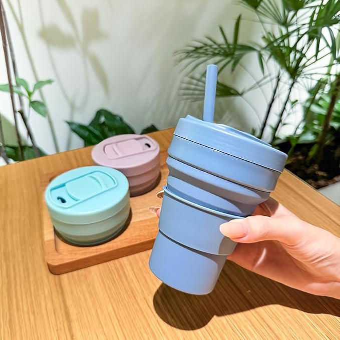 Collapsible Travel Cups- Food Grade Silicone Coffee Cups with Straw Lid 350ml 12oz Lightweight