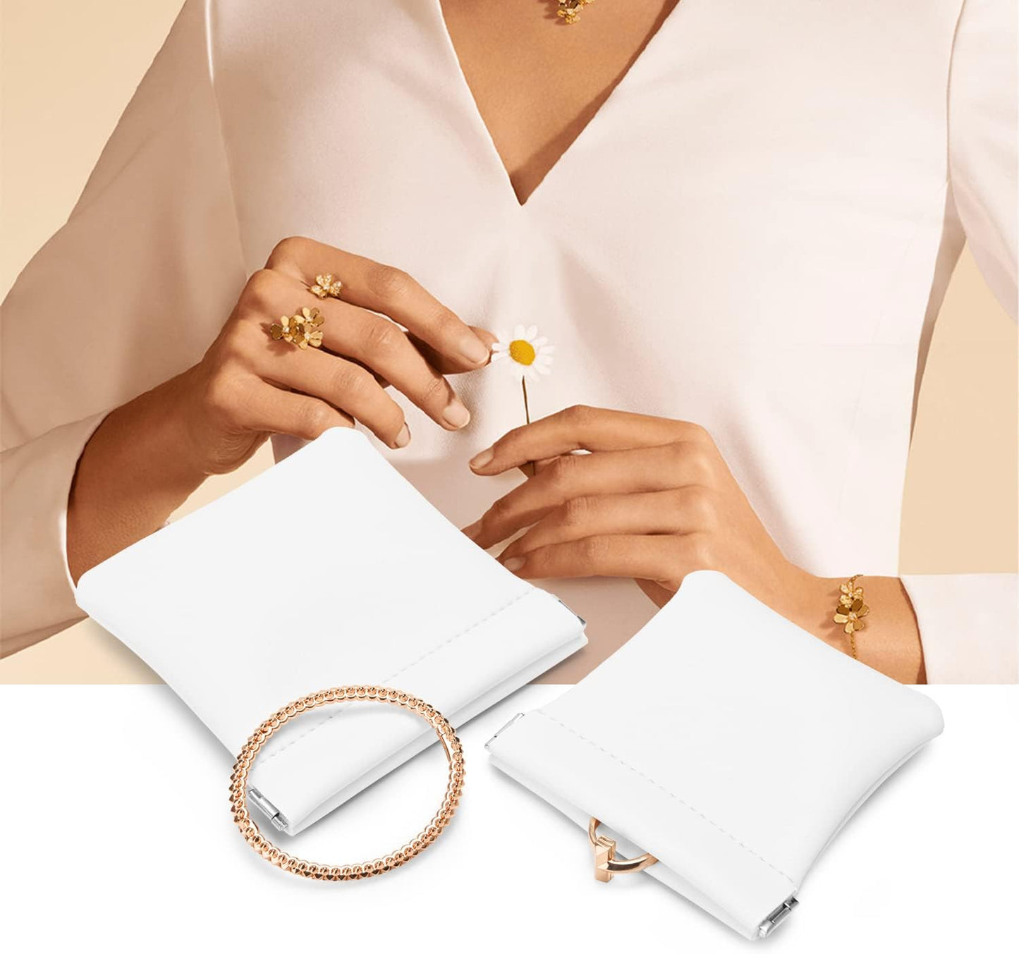 PU Leather Jewelry Travel Bag Leather Jewelry Pouch Christmas,Wedding Party Favor Gift Bag (L, Pearl White)