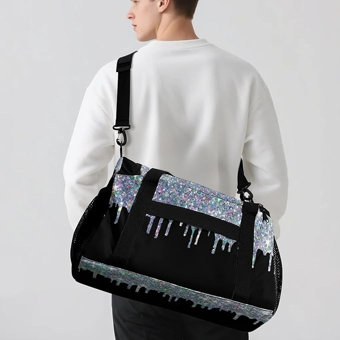 Sparkle Colorful Silver Glitter Print Shoe Bag Waterproof Travel Bag Duffel Bag Adjustable Shoulder Strap Perform Training for Women Men Casual Bag