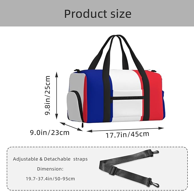 French flag Print Gym Bag with Shoe Compartment for Women Men, 17.7in Sports Duffle Weekender Tote, Overnight Travel Duffel Bag Carry On