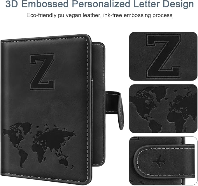 Passport Holder Cover Personalized Initial Letter A-Z Travel Wallet RFID Blocking Passport Cover Passport Book Holders for Women and Men,Black-Z