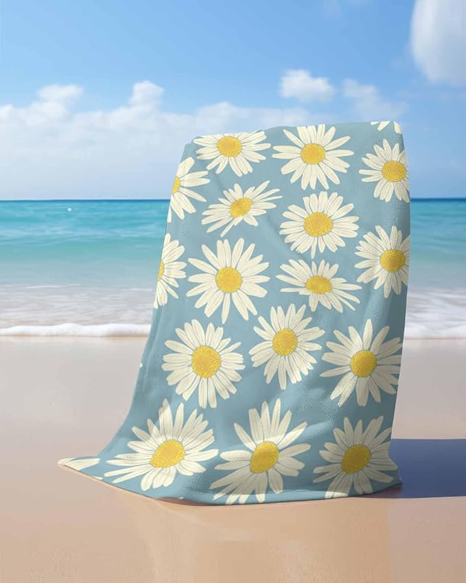 ALAGEO Beach Towels White Daisy Bath Pool Towel Yellow Flower Floral Blue Background Bath Towels Sand Free Beach Blanket Quick Dry Lightweight Travel Towel for Adults Beach Gifts 23x47 inch