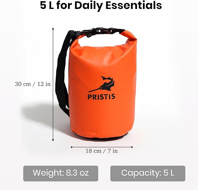 Pristis Waterproof Dry Bag, 5L Lightweight Floating Kayak Storage Backpack for Men Women, Durable Outdoor Roll Top Dry Sack Gear Accessory for Kayaking Fishing Rafting Beach Camping, Orange