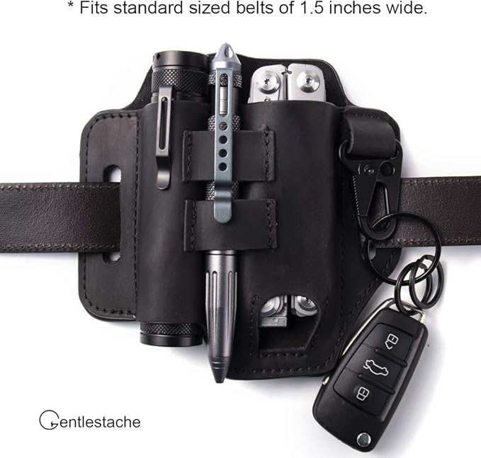 Gentlestache Multitool Belt Sheath, EDC Leather Belt Organizer, Belt Holder with Multitool Pouch, Flashlight Holder, Pen Holder and Keychain Clip, Practical EDC Belt Pouch for Men
