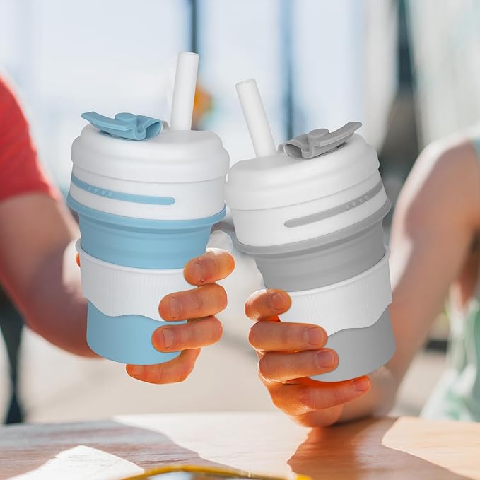 2Pcs Silicone Collapsible Cups Drinking - 16oz Reusable Collapsible Cup with Straw for Hot, Leakproof Coffee Travel Mug - Foldable & Portable for Traveling, Hiking, Camping, Blue & Grey