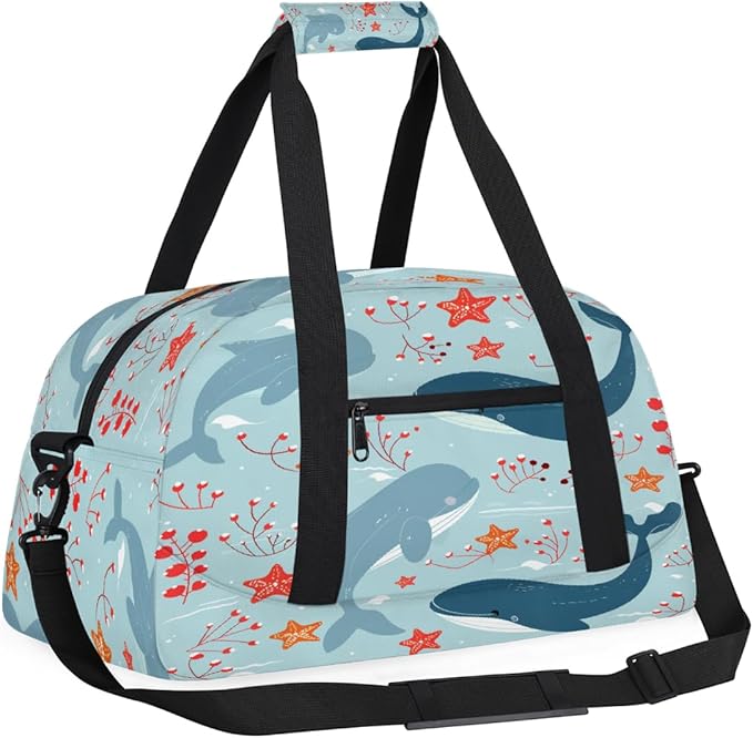 Gym Bag for Women Men, Cute Whale Ocean Pattern Travel Duffle Bags for Dance Ballet Overnight, Carry-On Weekender Bag with Detachable Shoulder Strap