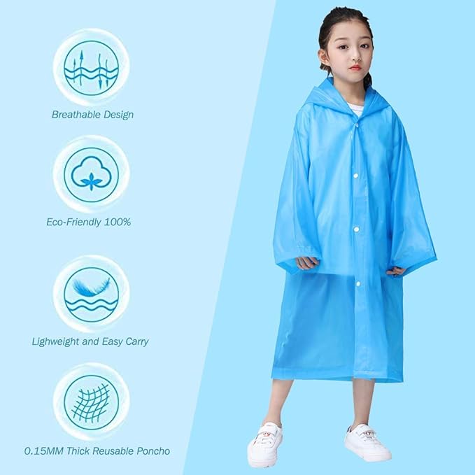 Kids Rain Poncho, Reusable EVA Children Raincoat for 6-13 Girls Boys, Waterproof Rain Jackets Rainwear with Hood