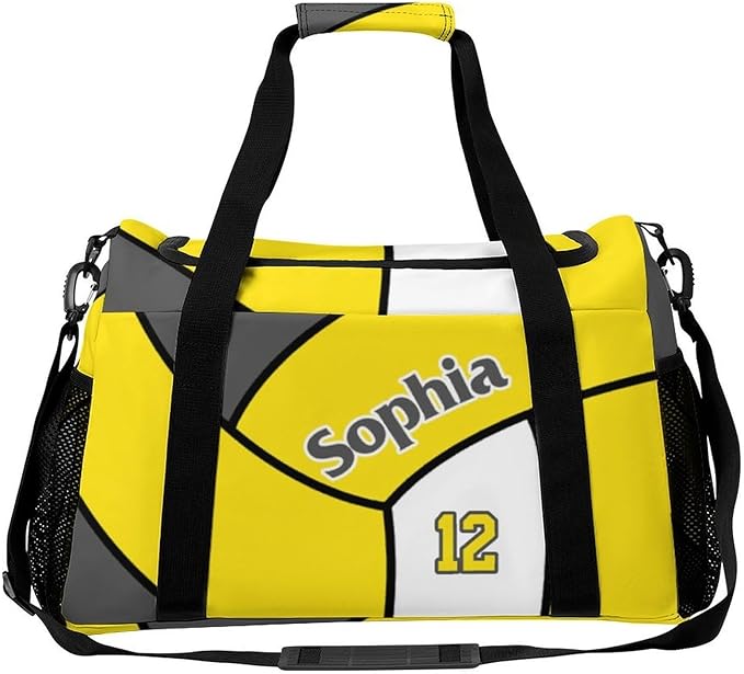 Custom Volleyball Yellow Duffel Bag with Name Personalized Travel Bags Sport Gym Bag Carry On Weekender Bags for Men Women