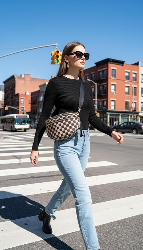 Checkered Crossbodys Bag Bum Bag for Women, Spacious Sling & Stylish Bum Bag for Travel, Concerts, Festival, Nylon Fanny Pack Belt Bag