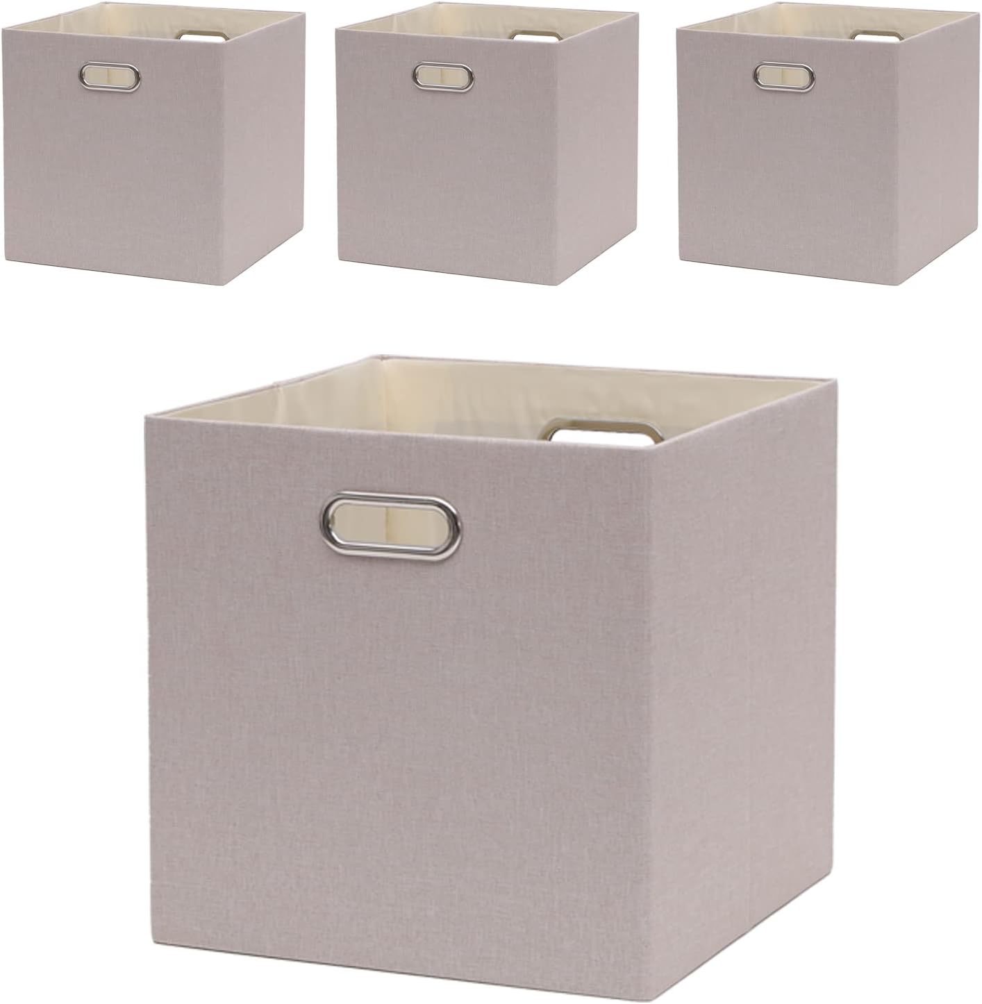 Cube Storage Bins 13×13 Linen Foldable Box with Handles, Collapsible Organization Basket Set of 4 Large Capacity Drawer for Closet Shelf Cabinet Bookcase Bedroom, Beige Sepia
