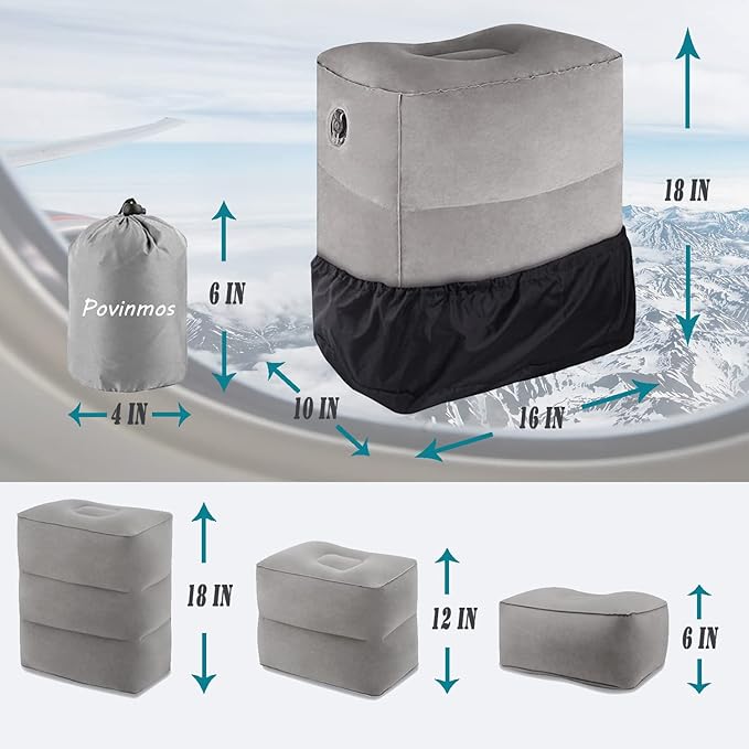 Inflatable Foot Rest Pillow for Travel, Kids/Adults Airplane Travel Pillow Kids Bed-Adjustable Height Cushions,for Kids to Sleep While Traveling,Suitable for Car,Office,Home,Travel (Grey)