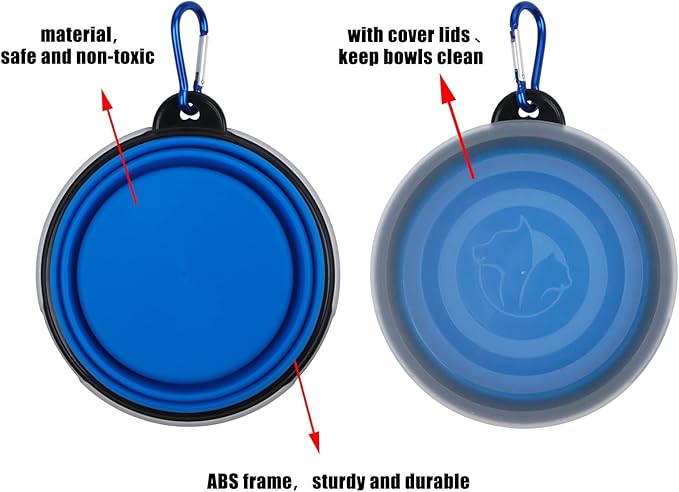 Collapsible Dog Bowl,2 Pack Portable and Foldable Pet Travel Bowls Collapsable Dog Water Feeding Bowls Dish for Dogs Cats and Small Animals,with Lids (Small, Blue+Red)