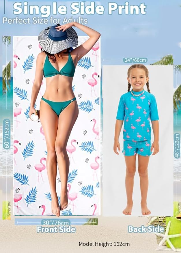 LIVILAN Flamingo Beach Towel, 30" x 60" Oversized, Lightweight Microfiber, Quick Dry, Sand Free, Perfect for Pool, Swim, Bath, Cute White Chalk Paint Design, Ideal Flamingo Gifts