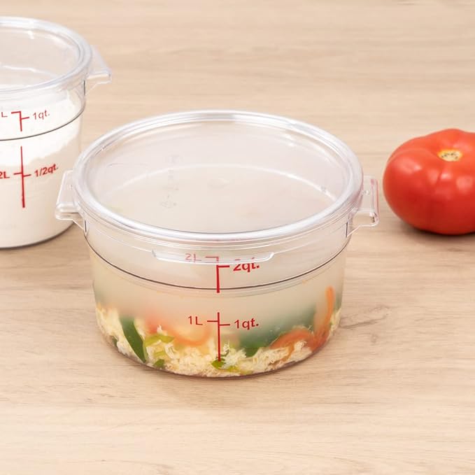Restaurantware Met Lux 2 Quart Food Storage Containers 10 Round Commercial Storage Containers - Lids Sold Separately With Volume Markers Clear Plastic Food Prep Buckets Space-Saving Storage