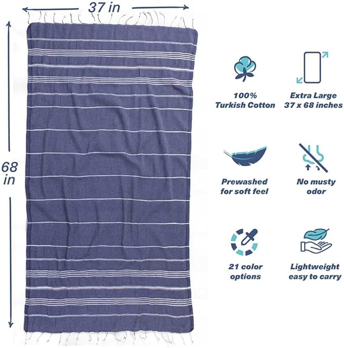 Hencely Turkish Beach Towel 37x68 Oversized, Sand-Free, Quick-Dry, Lightweight - Travel Essential for Pool & Bath - Striped 100% Cotton Bathroom Towels Accessories Gift (Navy Blue)