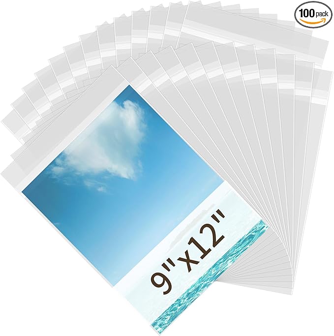 Clear Organizer Bags, Cellophane Bags 9x12 Acid Free Paper Protector Sheets Protective Sleeves for Paper Magazine Protectors for Collectors 9x12 inch, Pack of 100