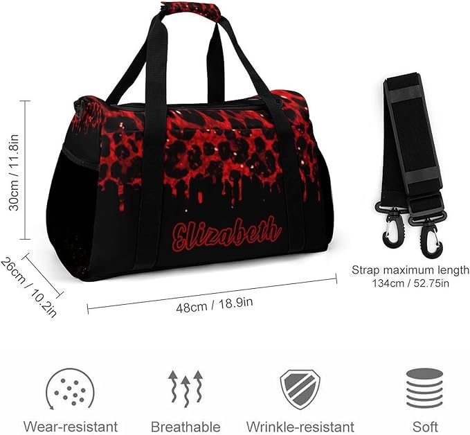 Red Maroon Leopard Sparkle Print Luggage Bag Waterproof Duffel Bag Adjustable Shoulder Strap Perform Training Travel Bag for Teens Adults Backpack