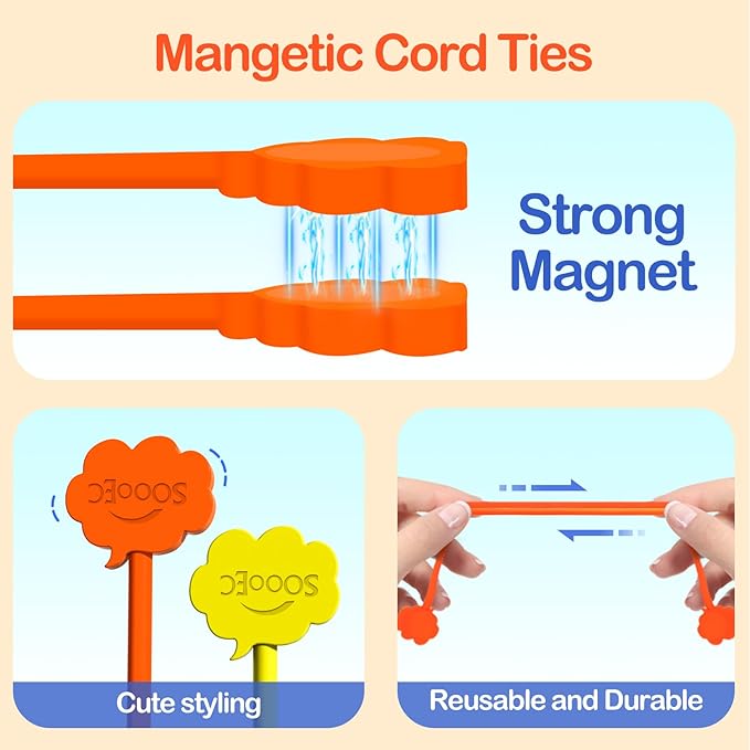SOOOEC Snap On Magnetic Cable Ties, 32 Pack 7.2" Magnetic Cord Organizer Cute Cloud Design, Silicone Twist Ties with Strong Magnet for Bundling and Cable Management, Fridge Magnets, Assorted Colors.