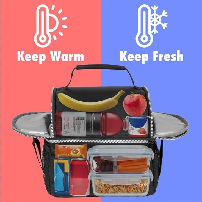 opux Lunch Box for Men, Adult Lunch Box Cooler, Insulated Lunch Bag Women, Dual Compartment Lunchbox for Work, Leakproof Double Decker Lunch Bag, Soft Lunch Pail Tote Boys Girls Kids School, Black