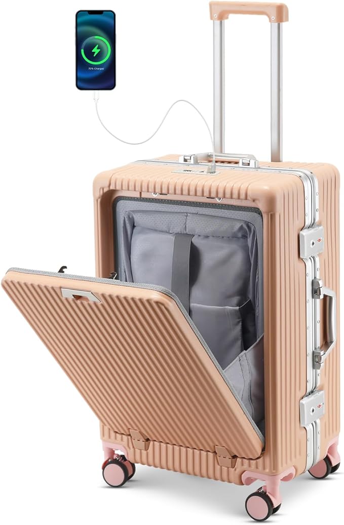 24-Inch Aluminum Frame Checked Luggage, Expandable Hard Shell Spinner Suitcase with Front-Open Pocket, USB Port, Phone Holder & Cup Holder for Men & Women Travel, Pink