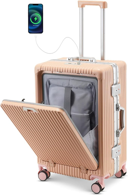24-Inch Aluminum Frame Checked Luggage, Expandable Hard Shell Spinner Suitcase with Front-Open Pocket, USB Port, Phone Holder & Cup Holder for Men & Women Travel, Pink