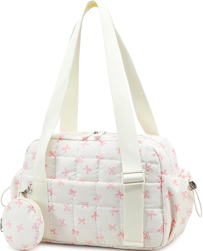 CAMTOP Mini Gym Bag for Women, Small Gym Tote Bag Puffy Quilted Sports Duffel Bag with Wet Compartment and Coin Purse Duffel Bags Dance Yoga Workout Bag for Gifts (Beige Pink Bow, Mini-12.6")