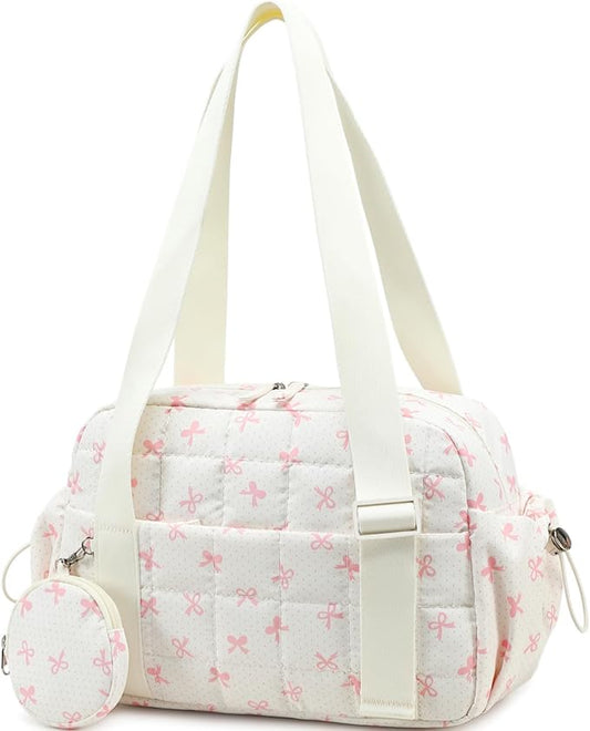 CAMTOP Mini Gym Bag for Women, Small Gym Tote Bag Puffy Quilted Sports Duffel Bag with Wet Compartment and Coin Purse Duffel Bags Dance Yoga Workout Bag for Gifts (Beige Pink Bow, Mini-12.6")