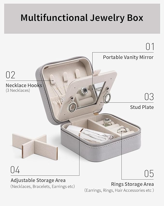 Vlando Small Travel Jewelry Box Organizer - Display Case for Girls Women Gift Rings Earrings Necklaces Storage with Mirror Grey