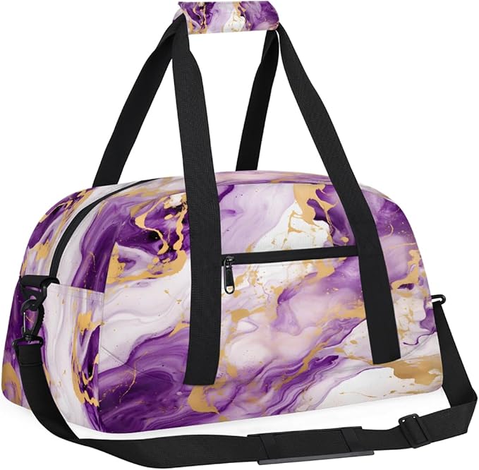 Gym Bag for Women Men, Purple And Gold Marble Travel Duffle Bags for Dance Ballet Overnight, Carry-On Weekender Bag with Detachable Shoulder Strap