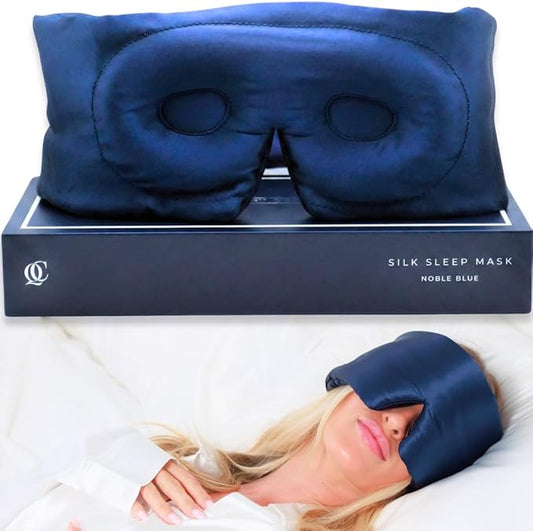QUIET COVE Plush 3D Contoured Silk Sleep Mask - Total Blackout, 100% Silk 22 Momme, Foam Eye Cups Do Not Crush Eyelashes, Luxe Cloud Filling for Side Sleeping Comfort (Noble Blue) - Luxury Gift Box