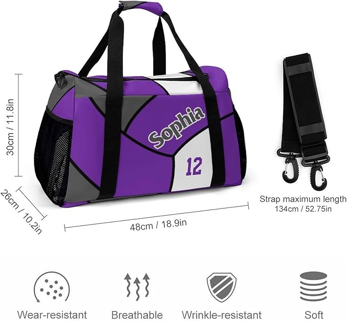 Custom Volleyball Purple Duffel Bag with Name Personalized Travel Bags Sport Gym Bag Carry On Weekender Bags for Men Women