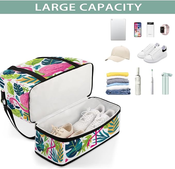 Pink Flamingo Tropical Leaves Large Weekender Bag with Shoe Compartment Travel Duffel Bags for Women Carry On Hospital Overnight Bag Foldable Personal Item Travel Bags Tote Gym Sports Airplanes