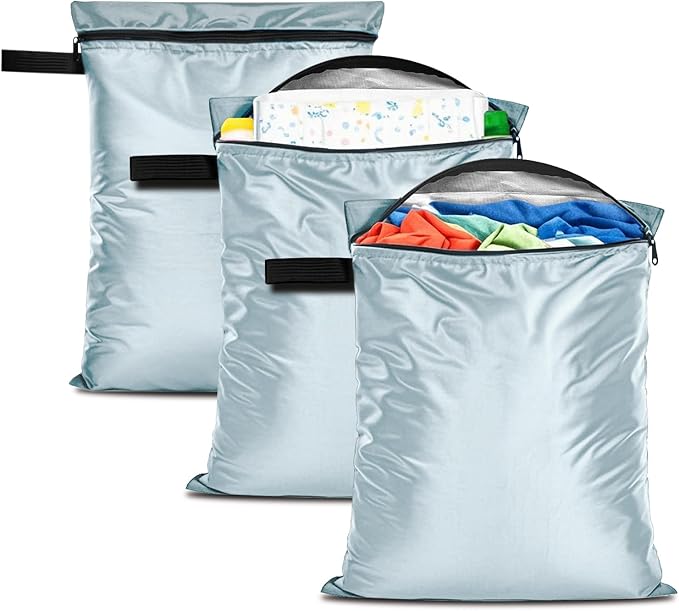 Wet Dry Bags 3 Pack,12x16 Inch Waterproof Reusable Wet Bag For Baby Diapers Swimsuit Wet Clothes Travel Beach Pool Gym,Durable Polyester Fabric,Waterproof Seal Strip Inside,Handle and Zipper,Blue