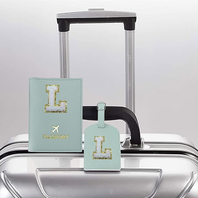 COSHAYSOO Green Passport Cover and Luggage Tag Set for Kids Teen Girls Women with Her Initial Letter, Fashionable Travel Bag Backpack Suitcase Identifier Gifts Teal L