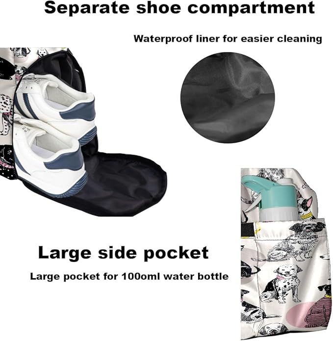 Vintage Dog Black Gym Bag for Women & Tennis Bag, Large Sports Duffel Bag Waterproof with Ventilated Shoe Compartment & Front Racket Sleeve, Lightweight Travel Weekender Overnight Bag
