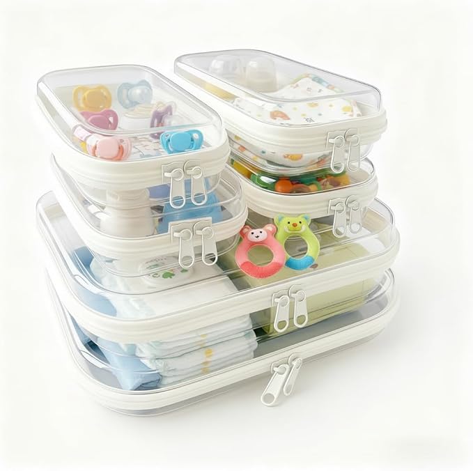 6Pcs/2M+4S Clear Hard Shell Zippered Travel Case – Plastic Organizer Pouch for Toiletries, Cosmetic Bag, Diaper Bag & Packing Accessories (White, Set C)