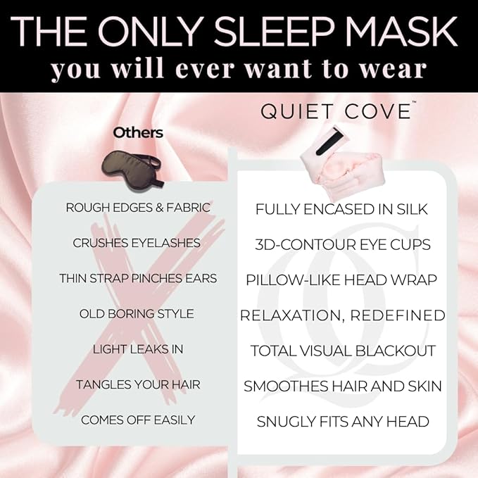QUIET COVE Plush 3D Contoured Silk Sleep Mask - Total Blackout, 100% Silk 22 Momme, Foam Eye Cups Do Not Crush Eyelashes, Luxe Cloud Filling for Side Sleeping Comfort (Prosecco Pink) - Luxury Gift Box