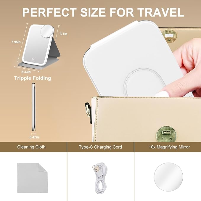 Mocado Travel Makeup Mirro with Lights, 360° Rotation Lighted Makeup Mirror, Portable Mirror with 10x Magnification, 60LEDs 3 Color Lightings, Dimmable Touch Screen, Tabletop Light up(White)