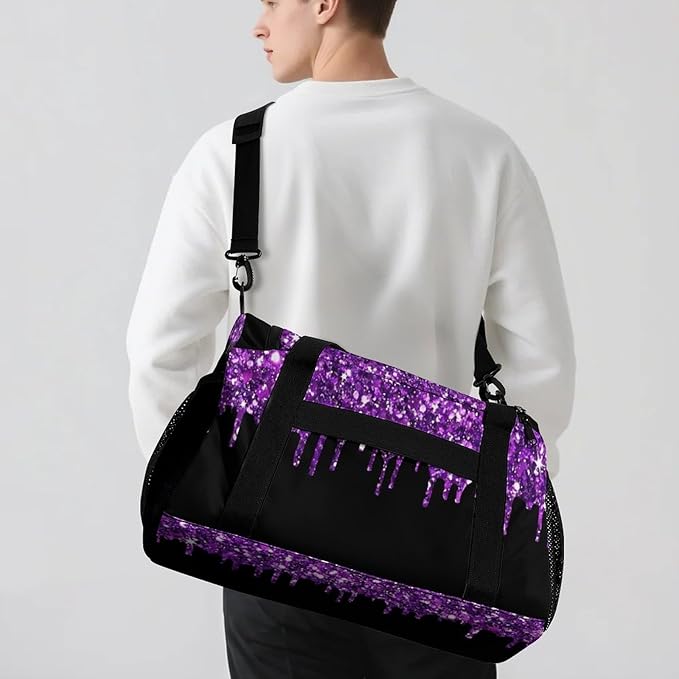 Purple Sparkle Sequin Print Duffle Bag for Men Women, Personalized Custom Name Text Crossbody Bags, Travel Sport Gym Perform Training Gym Bag