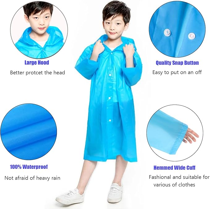 Rain Ponchos for Kids, 2 Pack Reusable Raincoats Jackets with Hoods and Sleeves Lightweight for Girls Boys