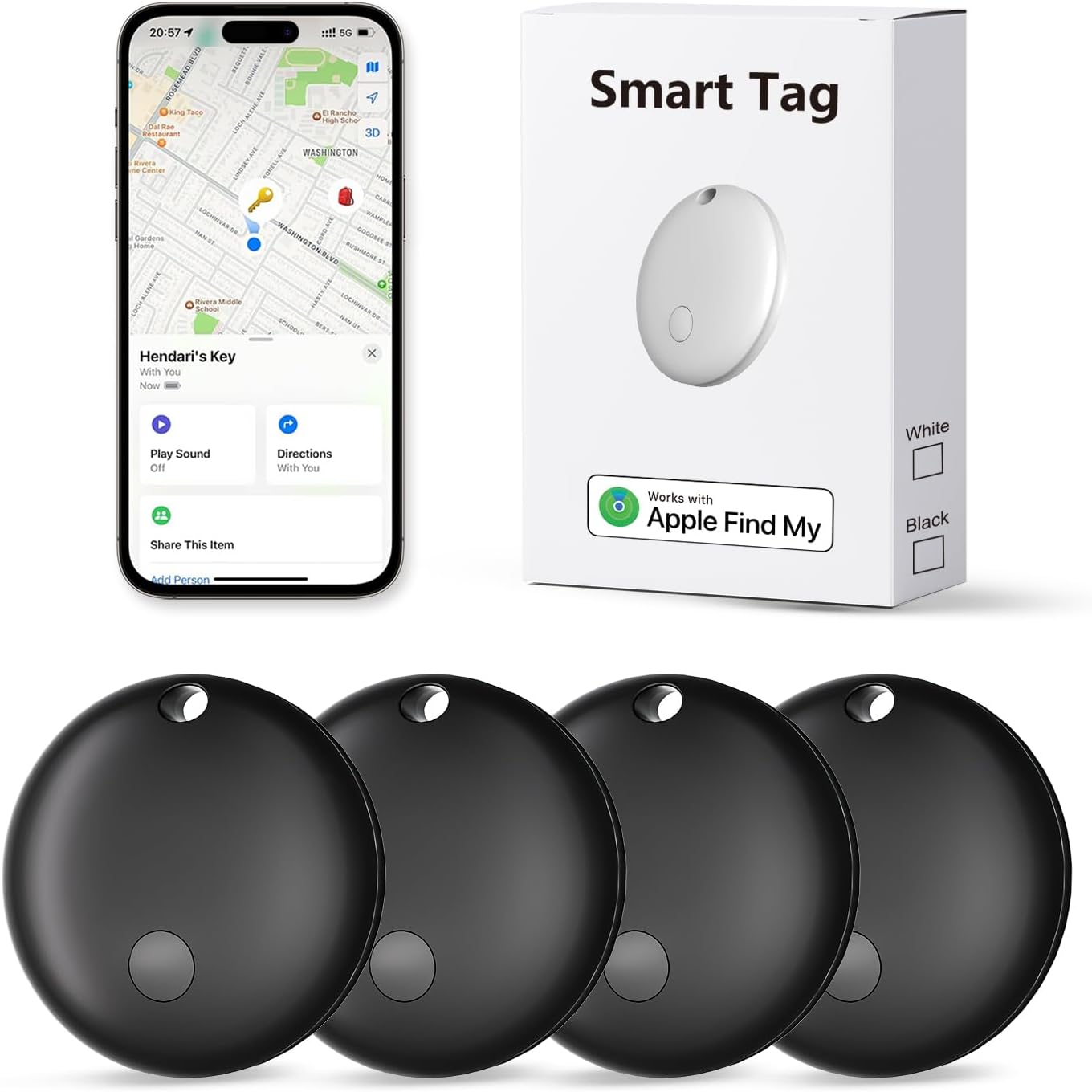 Tracker Tags, Item Finder Work with Apple Find My (iOS Only), Tracking Device Locator Smart Tag for Luggage, Keys, Wallet, Bike, Pets, Bags (Black, 4 Pack)