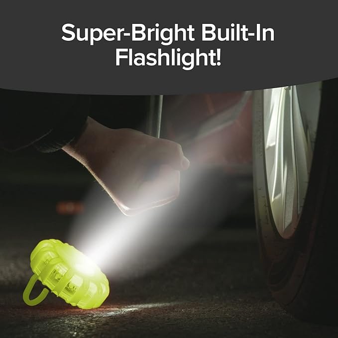 Flameless Roadside Emergency Light, AS-SEEN-ON-TV, 360° of Visibility, 9 Safety Modes with 15 High-Intensity LEDs, Magnet Sticks to Car, Hook to Hang or Stand, Built-in Flashlight