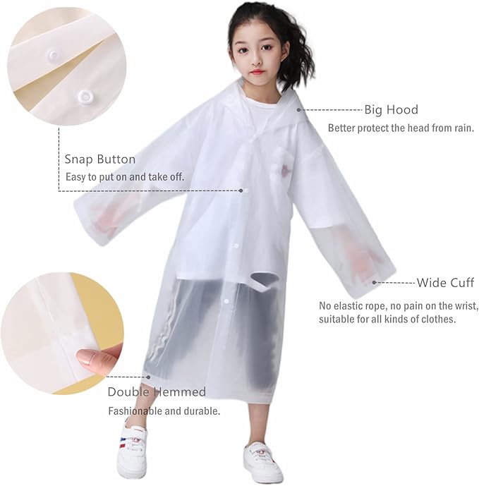 Kids Rain Poncho, Reusable EVA Children Raincoat for 6-13 Girls Boys, Waterproof Rain Jackets Rainwear with Hood