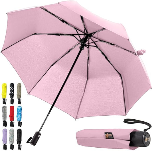 GORILLA GRIP Strong Windproof Stick Compact Umbrella for Rain, One-Click Automatic Open and Close, Durable Quick Dry Waterproof Material, Lightweight and Portable, Travel Size Fits Backpack, Pink