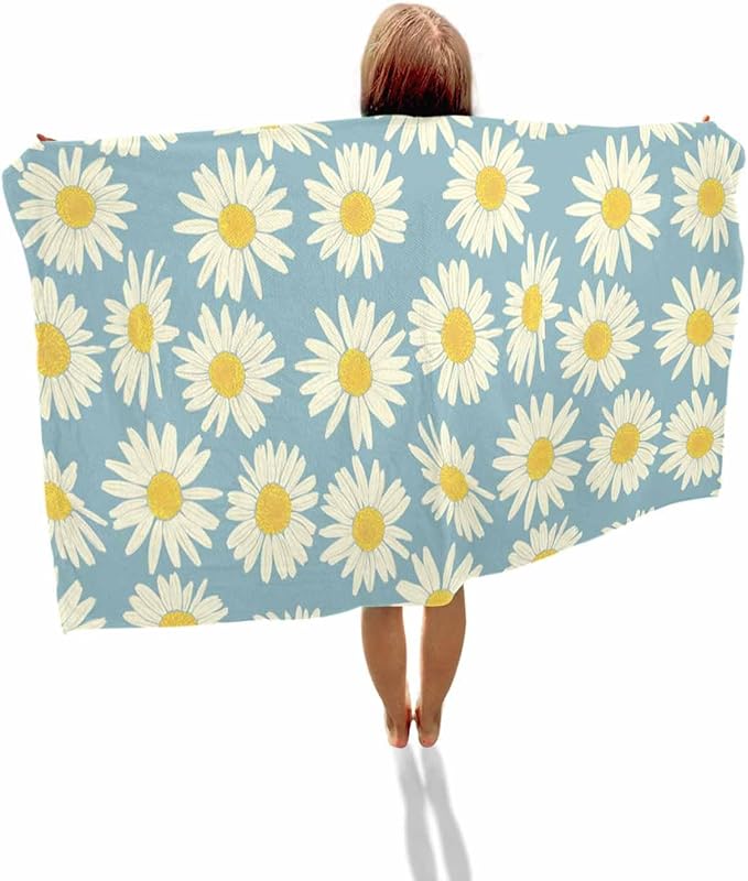ALAGEO Beach Towels White Daisy Bath Pool Towel Yellow Flower Floral Blue Background Bath Towels Sand Free Beach Blanket Quick Dry Lightweight Travel Towel for Adults Beach Gifts 23x47 inch