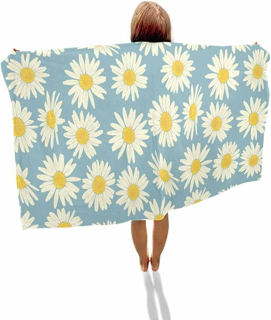 ALAGEO Beach Towels White Daisy Bath Pool Towel Yellow Flower Floral Blue Background Bath Towels Sand Free Beach Blanket Quick Dry Lightweight Travel Towel for Adults Beach Gifts 23x47 inch