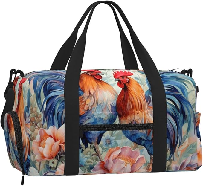 Sports Gym Bag Watercolor Floral Roosters Hen Flowers Travel Duffel Bag With Shoe Compartment Shoulder Strap, Lightweight Water-Resistant Weekend Overnight Totes For Women Men